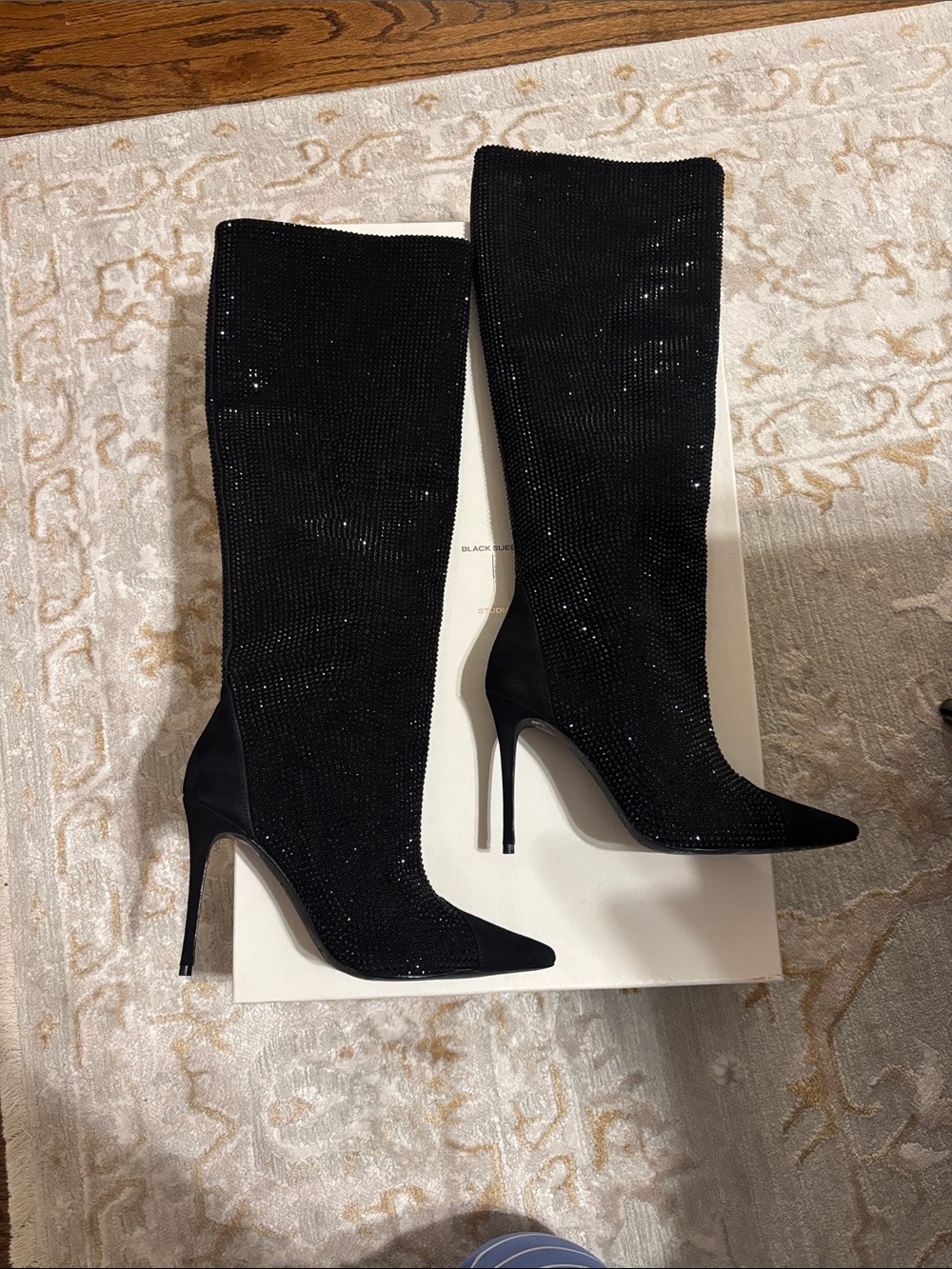 Black suede studio Crystal Stiletto Knee Boots